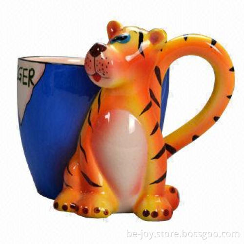 11oz ceramic cup with tiger handle, various artworks are available, OEM orders are accepted